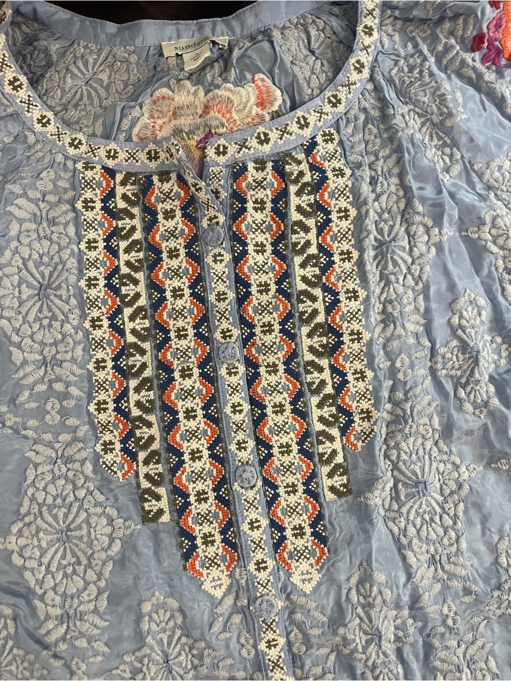 Sundance Light Blue Embroidered Boho Blouse with Floral Accents - Picture 3 of 6